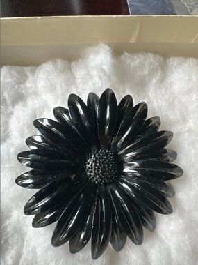 Vintage Black Enamel Flower Brooch - large 3”